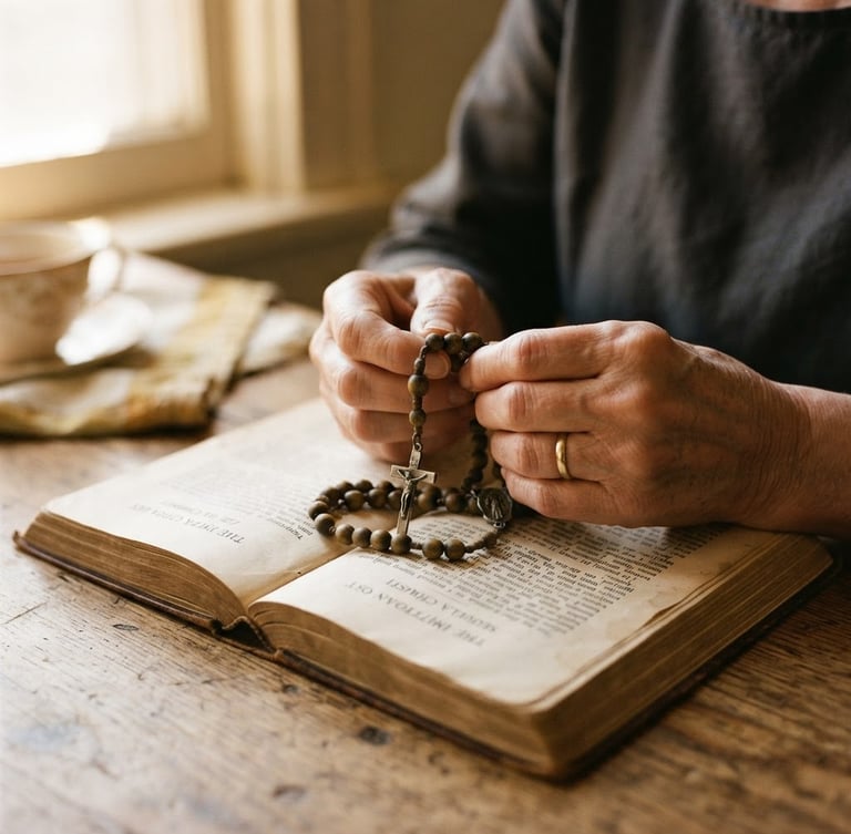 Close-up of hands gently holding a wooden rosary resting on an open book, warm natural morning light filtering through a window, soft shadows, muted cream tones, 35mm photography.