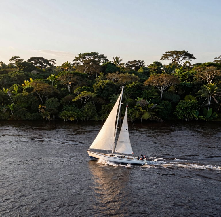 Vista aérea de um barco de alta performance cortando as águas espelhadas do Rio Negro ao amanhecer, cercado por floresta densa.