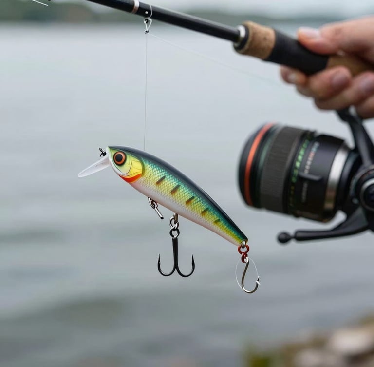 Macro shot of a custom artificial lure hooked to a high-end fishing line, held by an angler over the water, soft focus background