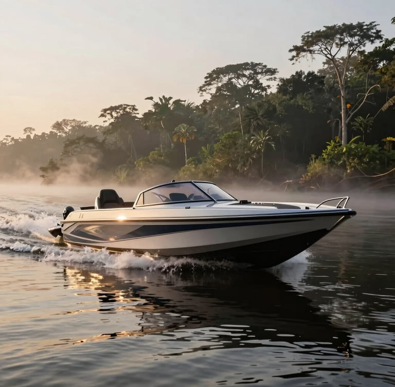 Low-angle shot of a high-performance bass boat cutting through early morning river mist, glassy dark water, dramatic golden hour light, expansive background of Amazon jungle.