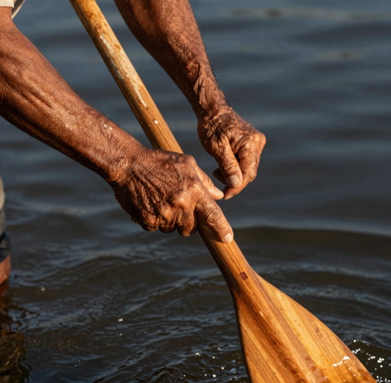 Close-up of weathered hands of a native guide holding a handmade wooden paddle over dark river water, warm afternoon sun, highly detailed texture