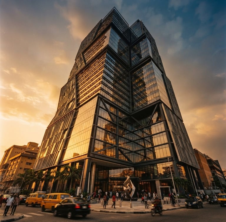 Low-angle architectural perspective of a modern corporate headquarters in Lagos, warm golden-hour sunlight reflecting off glass and steel facades, professional 35mm film aesthetic