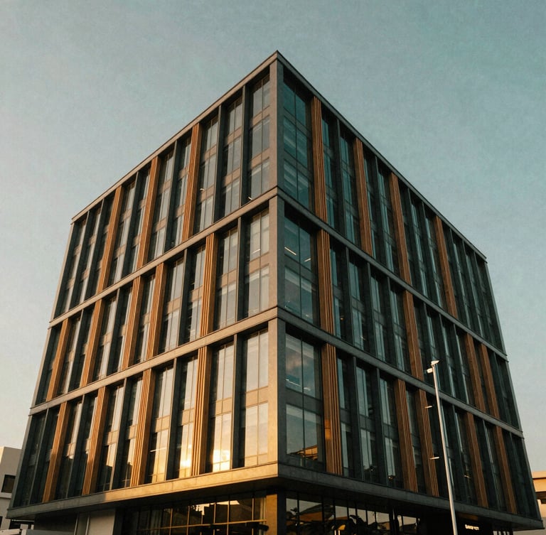 Low-angle architectural perspective of a modern eco-friendly commercial building in Lagos, warm golden-hour sunlight reflecting off structured glass and timber louvers, negative space above.