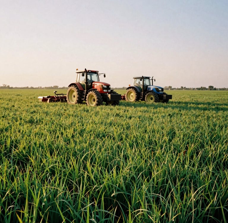 Mechanized agriculture in Oyo State, high-tech tractors working a vast green field under a warm midday sun, low-angle environmental perspective, 35mm film aesthetic