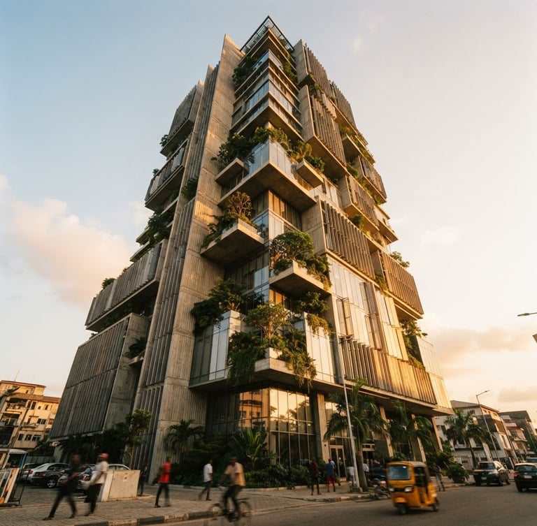 Low-angle architectural perspective of a modern, sustainable high-rise facade in Lagos under warm golden-hour sunlight, concrete and glass details.