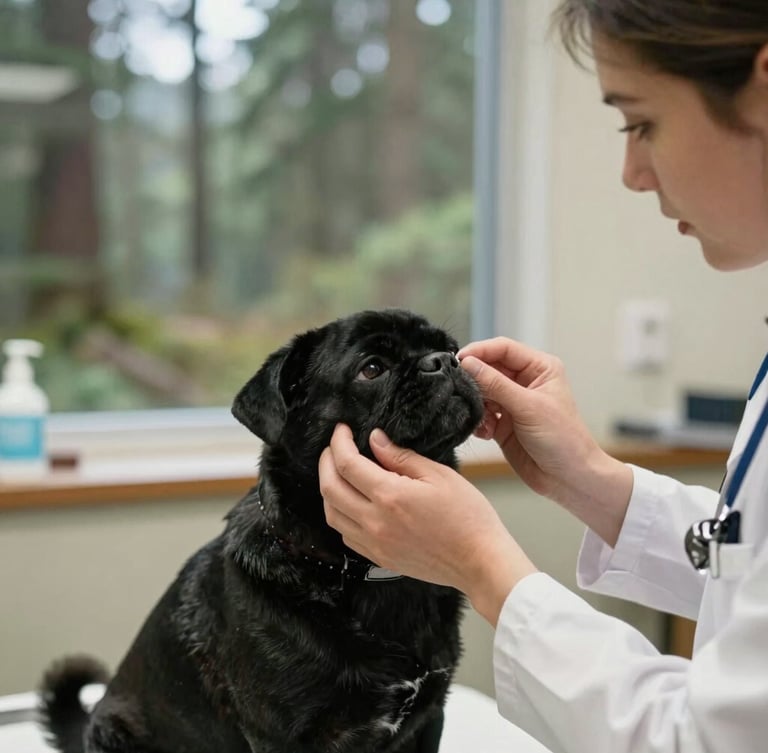 A veterinarian in a quiet Seattle clinic gently examining a black pug's eyes, warm natural light, documentary style, soft focus background.