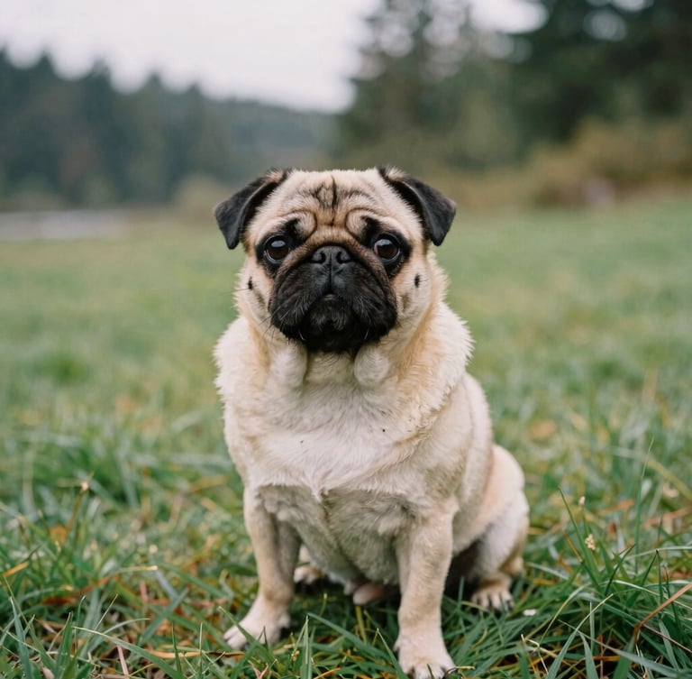 An eye-level portrait of a fawn pug sitting in wet green grass, soft overcast Seattle daylight, natural depth of field, 35mm