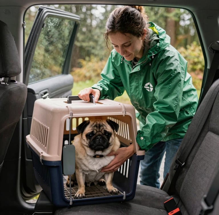 A volunteer in a green raincoat gently lifting a pug into a clean transport crate inside a car during a soft Seattle drizzle, warm natural light, 35mm