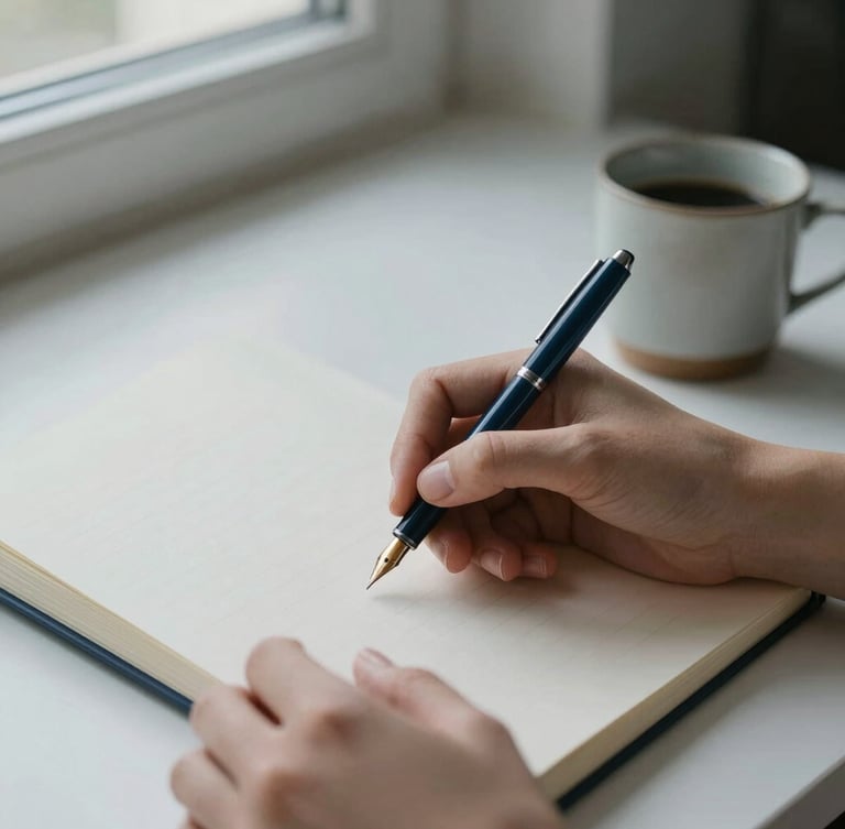 A close-up of hands holding a fountain pen over a textured paper journal, clean desk space with a ceramic cup, soft natural window light, calm editorial feel.