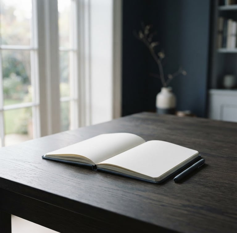 A quiet, minimalist study with soft morning light streaming through a tall window, a single open notebook on a dark oak table, shallow depth of field, muted navy tones.