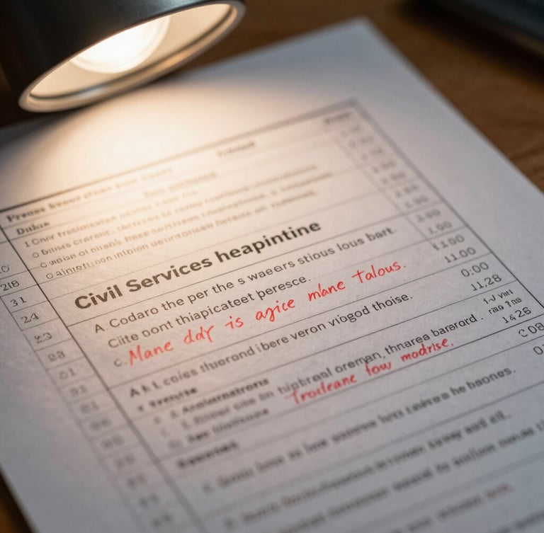 Macro close-up of a handwritten civil services mains answer sheet with detailed red ink corrections, margin feedback, and structural score rubrics under a warm desk lamp.