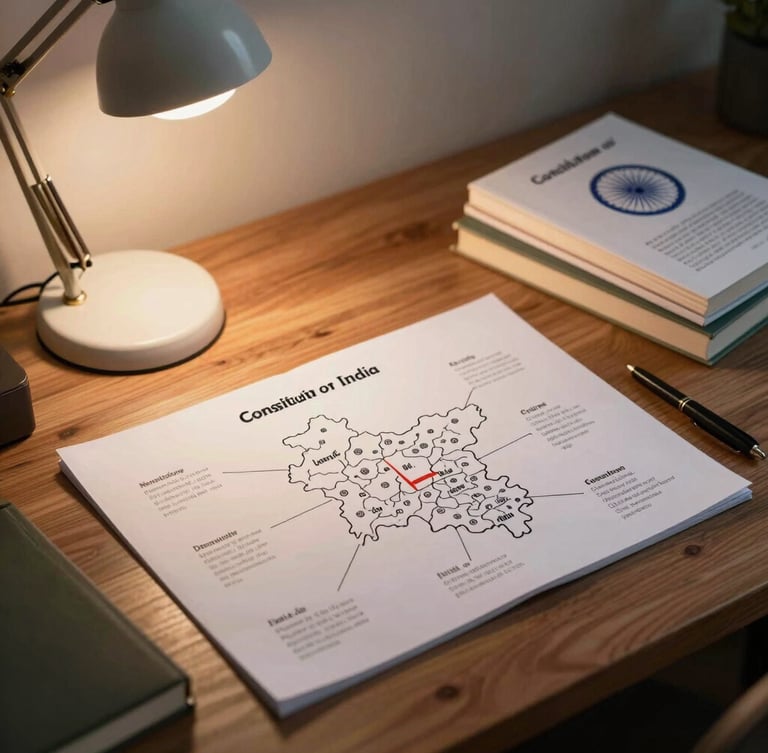 A neatly organized study desk with physical books, the Constitution of India, and a handwritten mind map of Uttar Pradesh administrative divisions, warm desk lamp glow.