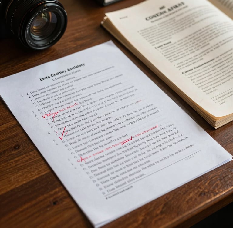 A close-up photograph of handwritten mains answer sheets with precise red ink corrections, resting on a dark wooden library desk next to a physical copy of the Indian Constitution, warm natural light.