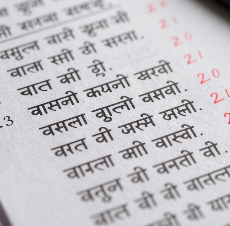 Macro close-up of a handwritten Hindi Mains answer sheet, showcasing elegant Devanagari script with precise examiner margin notes in red ink.