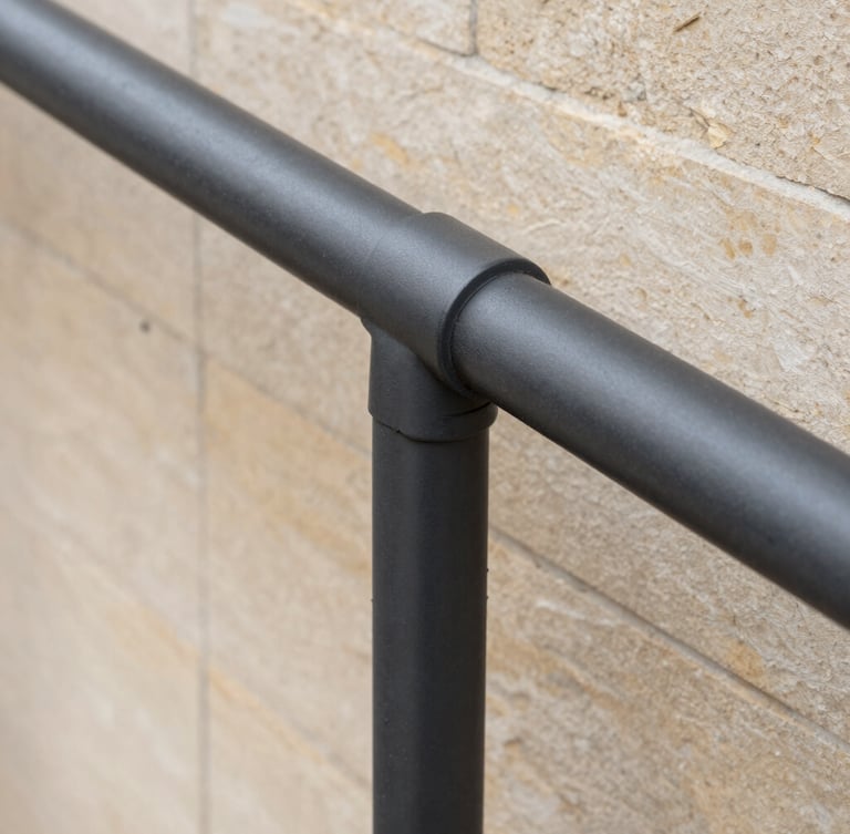 Detailed macro shot of a clean, newly installed charcoal aluminum handrail joint against warm limestone cladding, soft overcast daylight, architectural focus.
