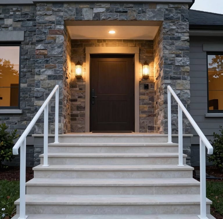 Straight-on architectural photograph of a completed modern home entrance, crisp white aluminum handrails, clean limestone steps, warm dusk backlighting, 35mm lens.