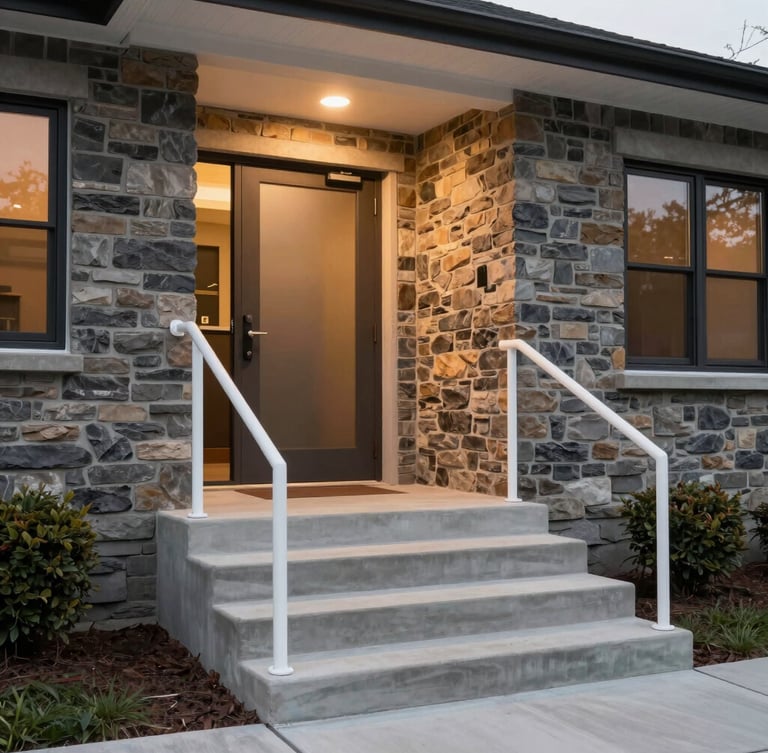 A beautifully restored modern home entrance with white aluminum handrails, pristine concrete steps, and warm downlighting at dusk, 35mm lens