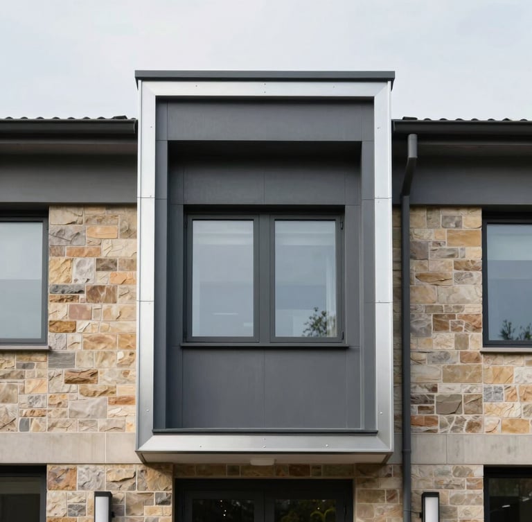 Straight-on architectural framing of a modern charcoal facade, crisp aluminum flashing details, soft overcast daylight, sharp focus