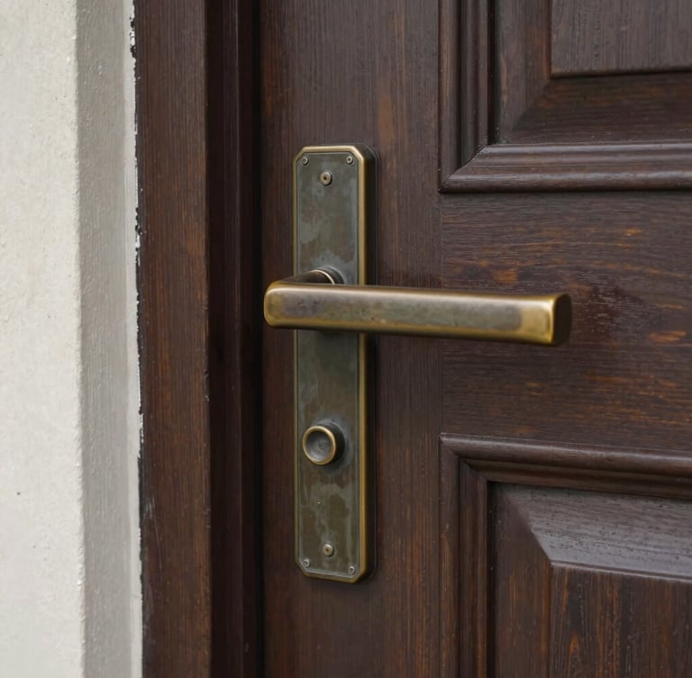 Macro detail shot of custom bronze hardware and clean caulking on a newly installed dark wood front door, natural overcast daylight.