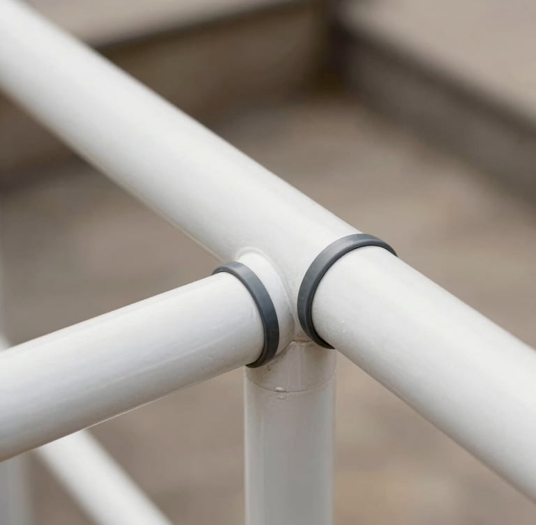 Macro detail shot of pristine white aluminum handrails and perfectly sealed dark gray flashing joints, soft natural daylight, shallow depth of field