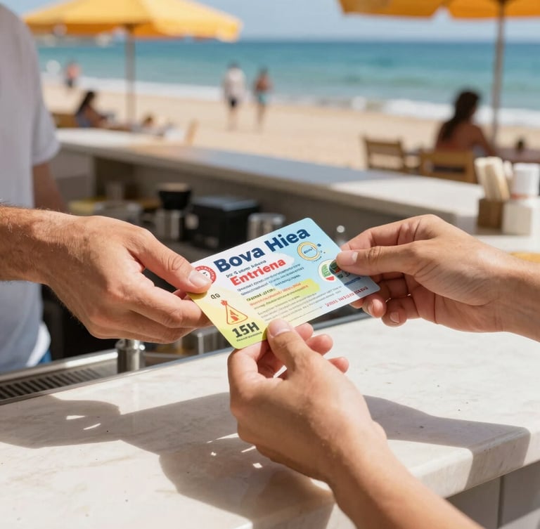 Close-up of hands exchanging a colorful local voucher at a sunny beachside cafe counter, warm Mediterranean sunlight, vibrant coastal tones