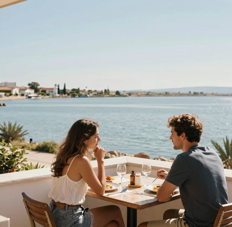 Wide environmental shot of a couple dining on a sunny terrace in Los Alcázares overlooking the calm Mar Menor lagoon, warm Mediterranean sunlight, 35mm