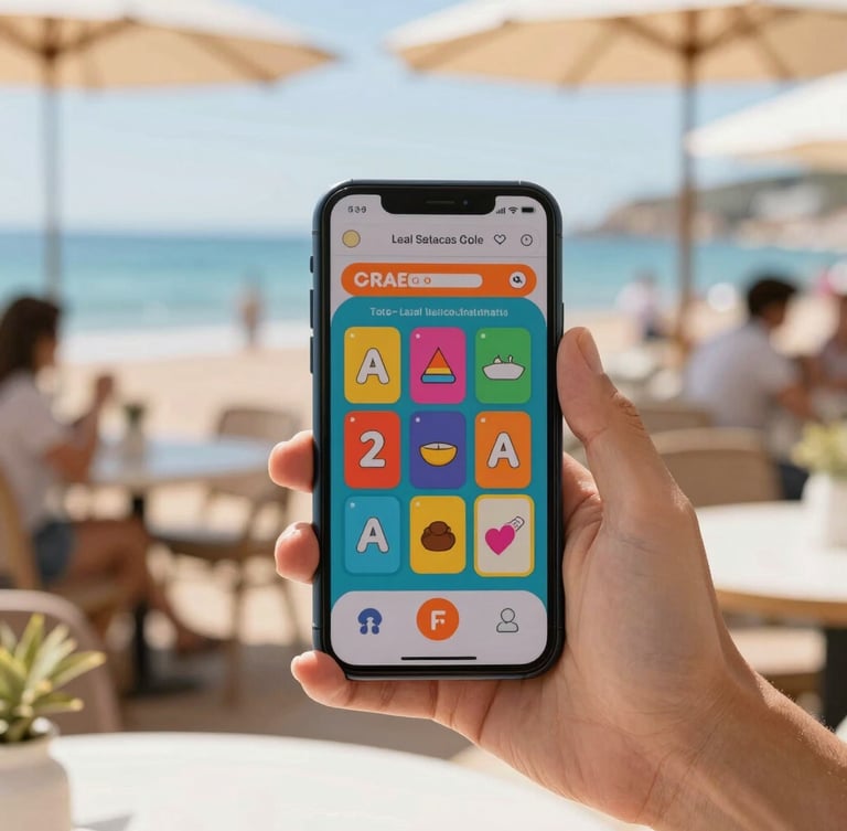 Close up of a hand holding a smartphone displaying a colorful digital scratch card game, bright outdoor cafe setting in Spain, warm sunlight, 35mm