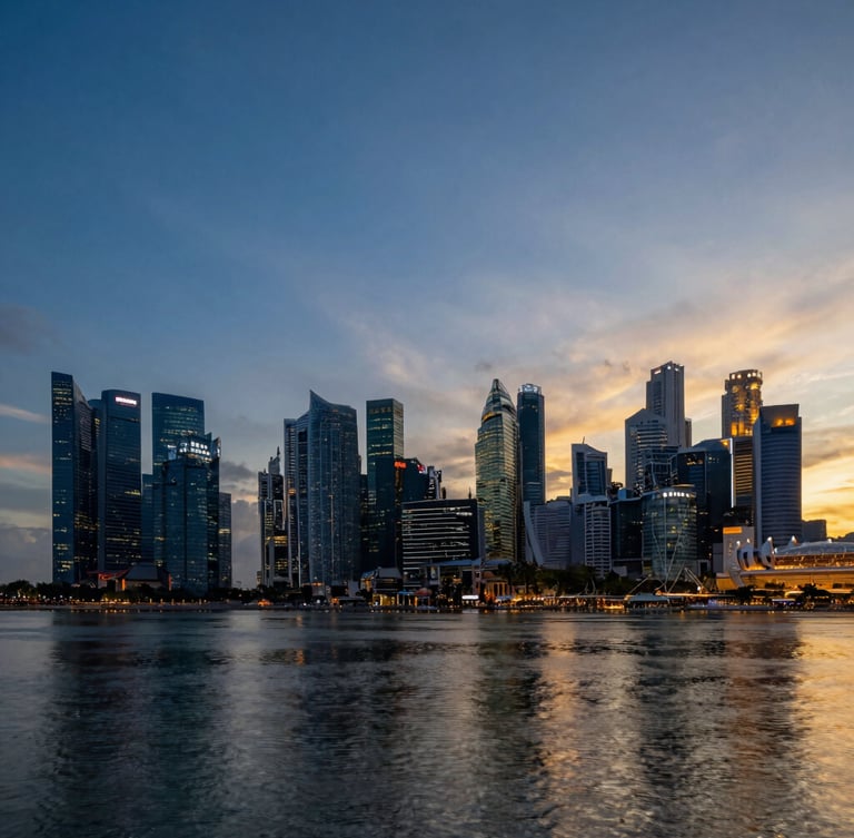 High-contrast architectural wide-angle of Singapore skyline at twilight, sharp geometric lines of modern skyscrapers reflecting off the water under deep blue and gold sky.