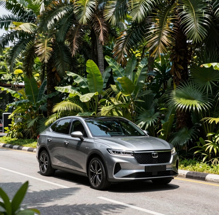 High-contrast architectural shot of a modern luxury vehicle driving through a lush tropical canopy in mainland Malaysia, bright daylight, crisp shadows.