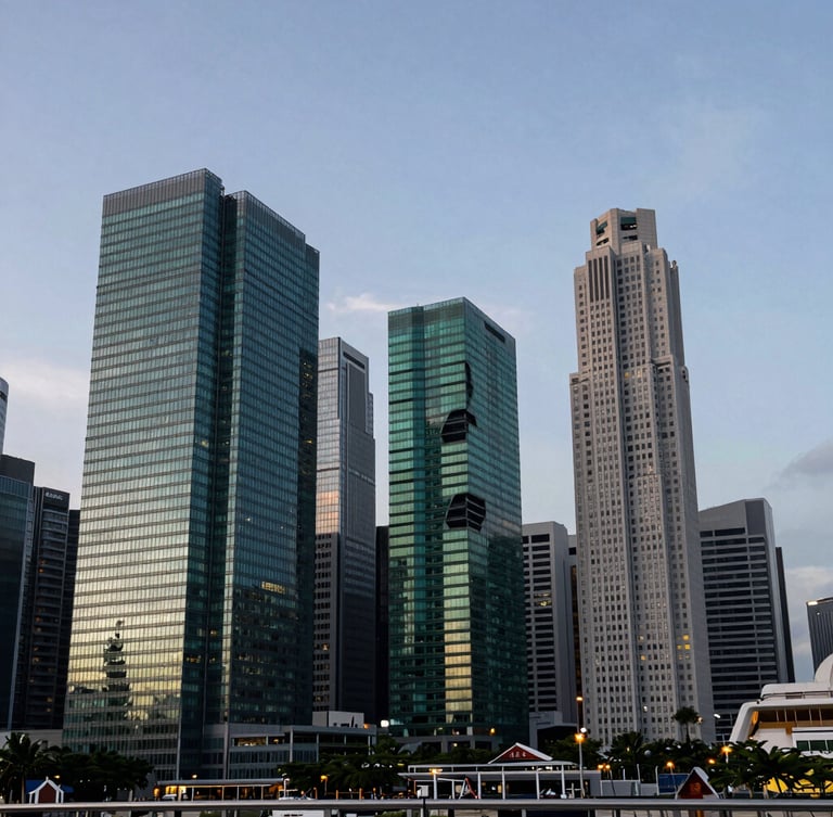 Architectural wide-angle shot of Singapore's skyline at twilight, clean geometric lines, high-contrast lighting with deep green tones reflecting off modern glass structures.