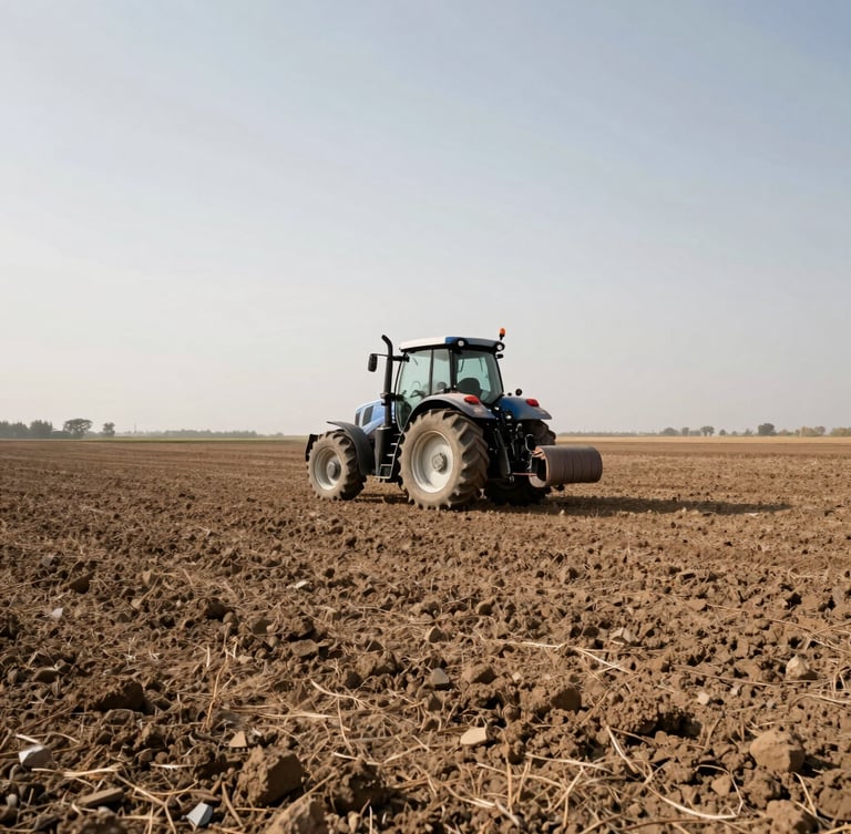 Wide-angle environmental farm landscape with a modern tractor operating in a dry soil field under high-contrast overcast daylight, focusing on soil texture in the foreground.