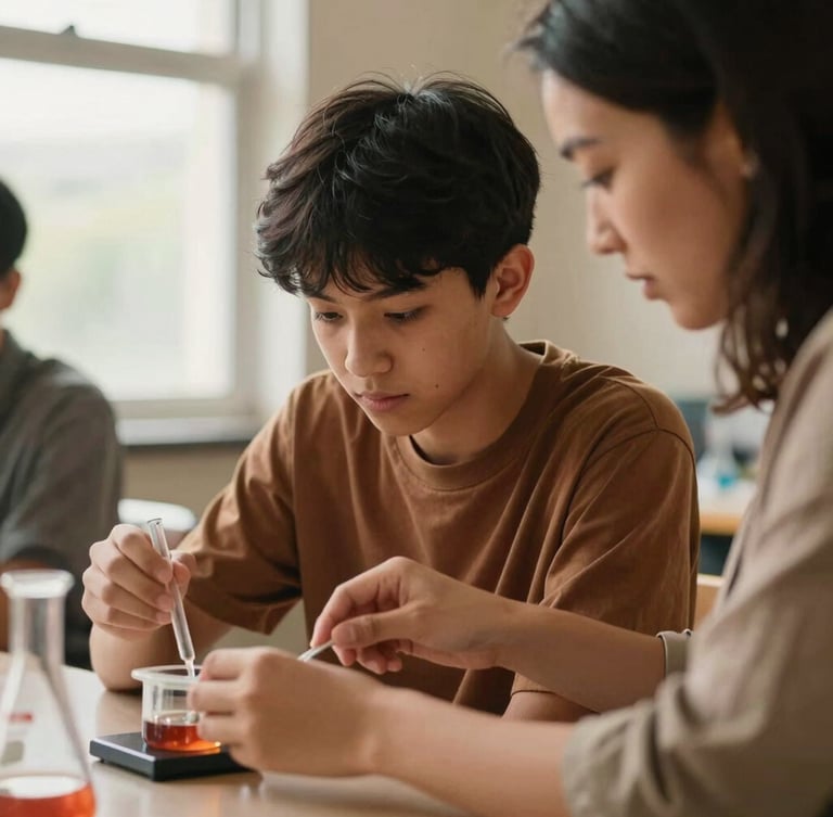 Candid medium close-up of a teacher guiding a high school student through a science project, warm natural window light, authentic collaborative moment.