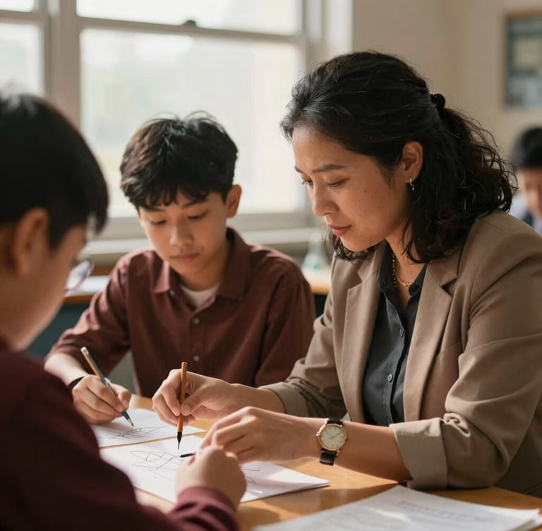 Candid medium close-up of a high school teacher guiding a student over a science project, warm natural window light, rich earthy tones, classroom background.