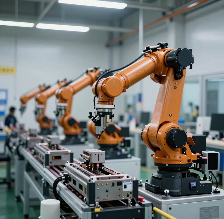 Orthographic view of a clean, automated robotic assembly line in a modern industrial facility, cool daylight illumination, metallic surfaces