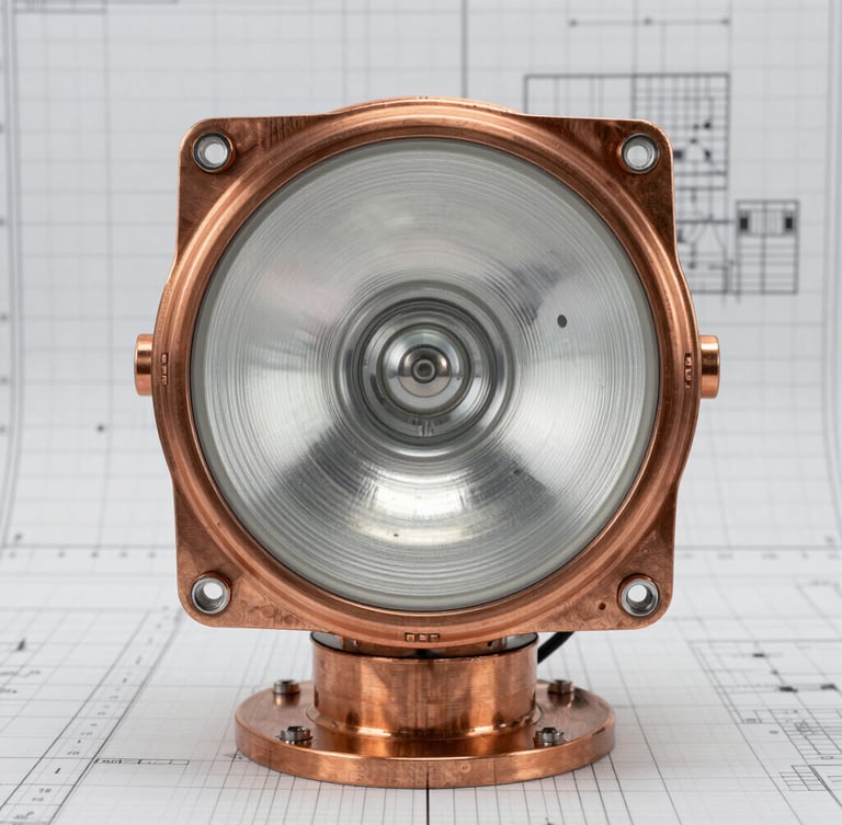 Orthographic front-on view of a heavy-duty die-cast copper-free aluminum explosion-proof light fixture, clean daylight, technical blueprint grid background