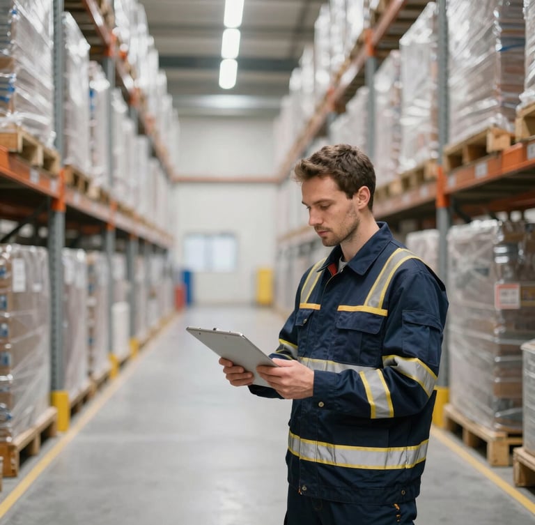 Professional warehouse worker in safety gear inspecting a modern, clean logistics facility in Europe, bright industrial lighting, focus on safety checks.