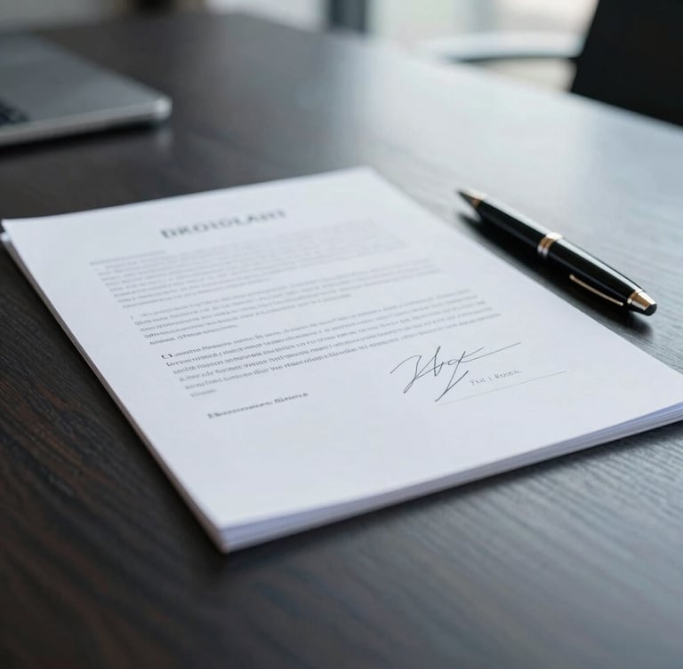 Close-up of a signed legal document on a dark wood desk, with a pen resting beside it, soft professional interior lighting, deep navy and slate tones.