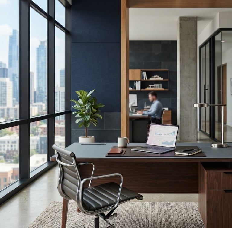 Modern corporate office interior with natural daylight, focus on a professional desk and architectural details, deep navy and slate tones.