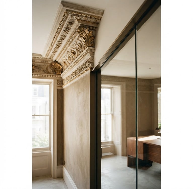 Striking vertical shot of a restored ornate plaster crown molding meeting a sleek, modern glass partition, establishing old-meets-new tension, soft natural window light, architectural editorial photography.