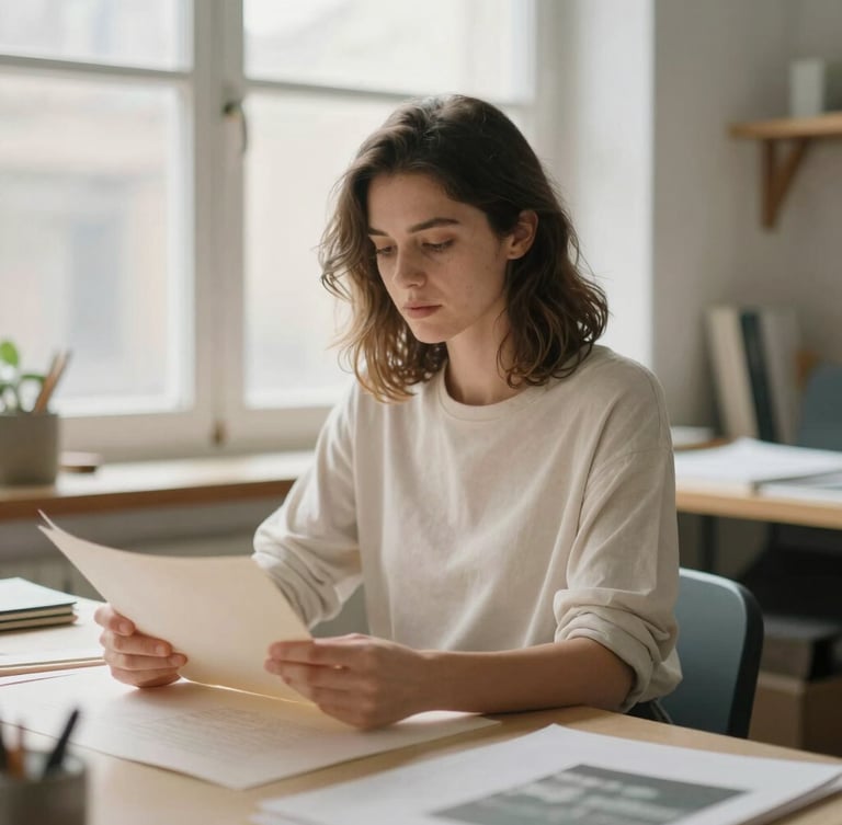 A quiet, authentic portrait of a female book designer in a sunlit editorial studio, soft natural window light, warm paper tones, shallow depth of field, 35mm