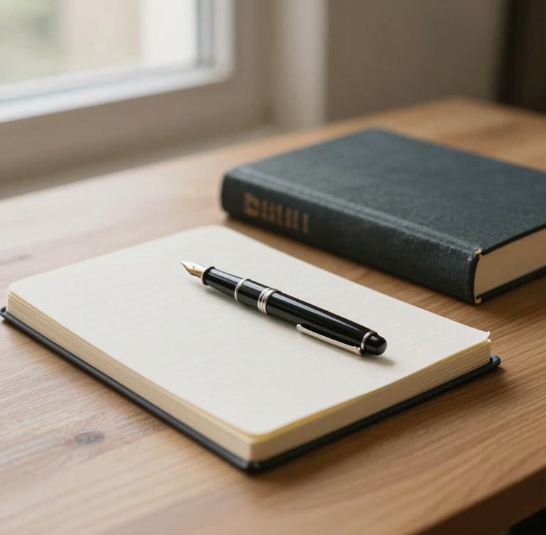 A minimalist workspace with an open notebook, a fountain pen, and a beautifully bound hardcover book resting on a wooden table, soft natural window light, warm paper tones, 35mm