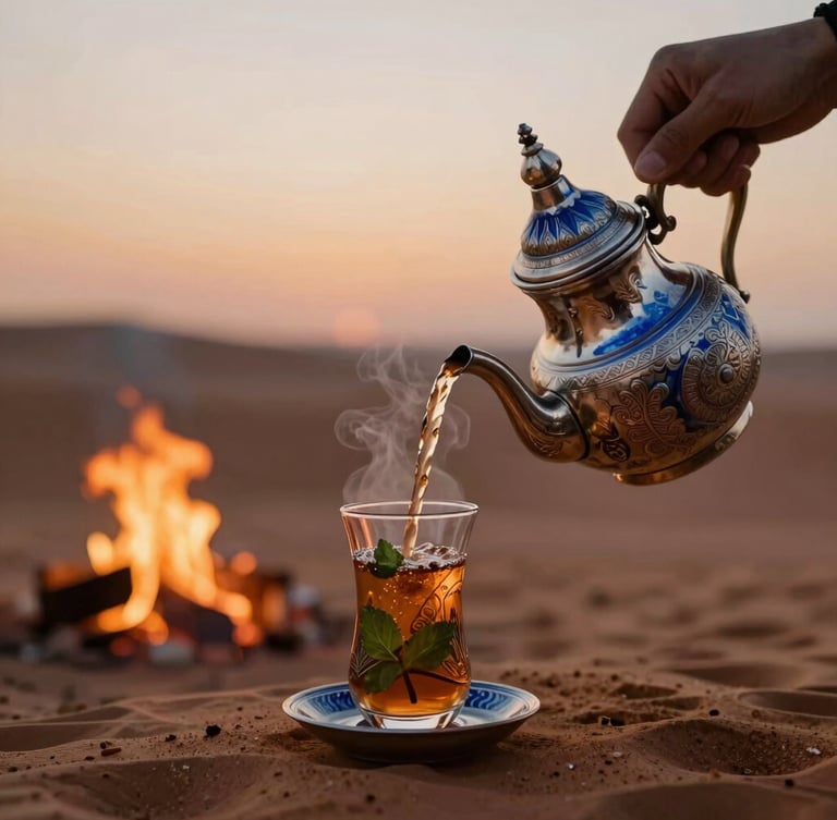 A close-up of hands pouring hot mint tea from a traditional silver teapot into a decorated glass, steam rising, warm firelight at dusk