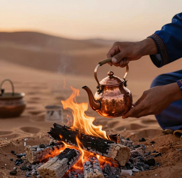 Close-up of hands preparing traditional Moroccan mint tea over glowing embers in a desert camp, warm firelight, soft focus on the copper teapot, rich terracotta tones.