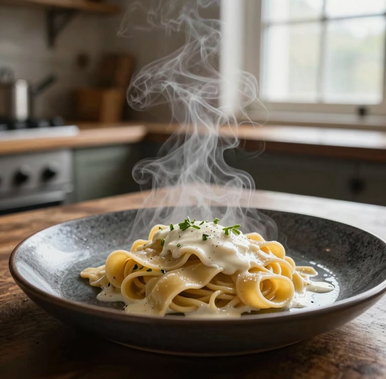 Moody close-up of steam rising from a freshly plated handmade pasta dish on a dark ceramic plate, soft side-lighting from a window, rustic wooden kitchen background.