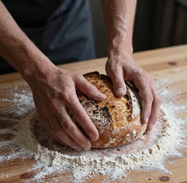 Close-up of hands kneading rustic sourdough bread on a flour-dusted wooden surface, soft natural side-lighting, moody shadows, Scandinavian style.