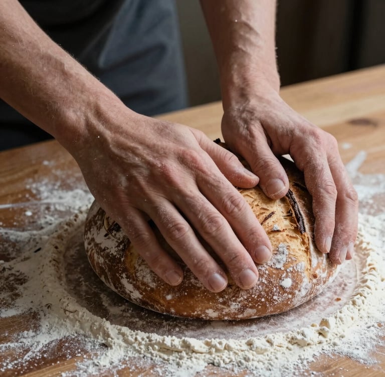 Close-up macro of hands kneading rustic sourdough on a flour-dusted wooden table, soft natural side-lighting, moody shadows, Scandinavian style.