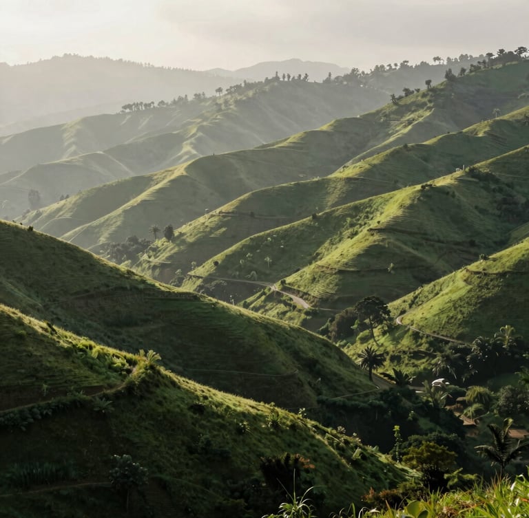 Wide environmental portrait of misty green hills in Munnar at soft morning light, empty landscape, quiet luxury travel aesthetic