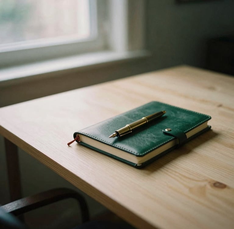 A structured wooden desk in a Chelsea studio, featuring a leather-bound notebook, a brass fountain pen, and soft directional morning light, 35mm film.