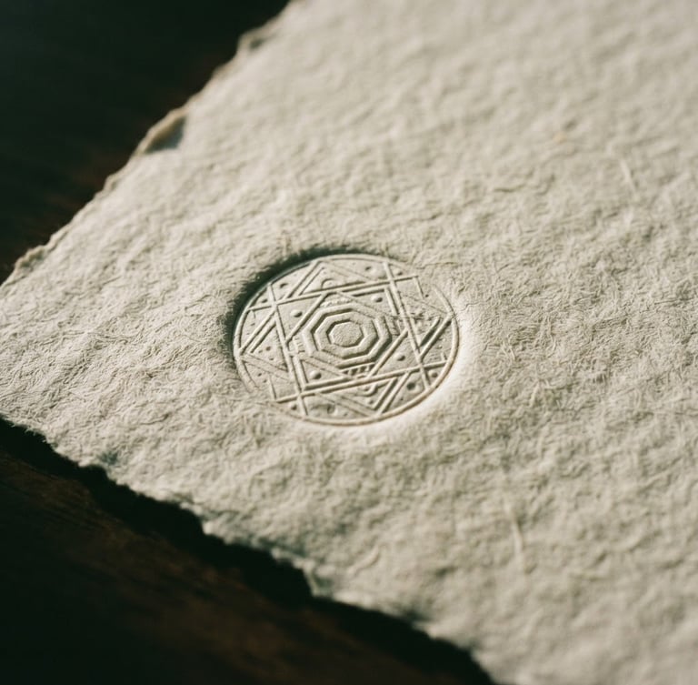 Moody close-up of heavy, textured cream paper stock embossed with a subtle geometric seal, soft directional window light casting deep shadows, 35mm film style.