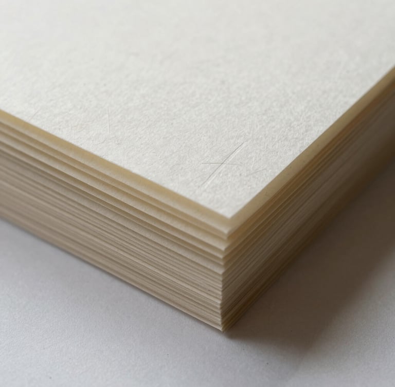 Macro shot of heavy-weight paper stocks with blind debossing, showing tactile paper fibers and crisp letterpress edges under soft northern light